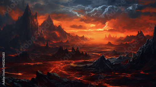 Fantasy landscape with lava and mountains