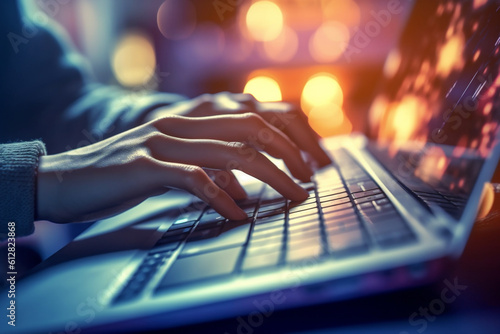 Woman typing on laptop computer keyboard searching the information, internet browsing. Web page banner, data search technology, Search Engine Optimization. AI Generative