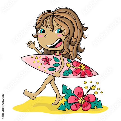 Illustration of a surfer girl with her surfboard and an ibisco flower, design for t-shirt