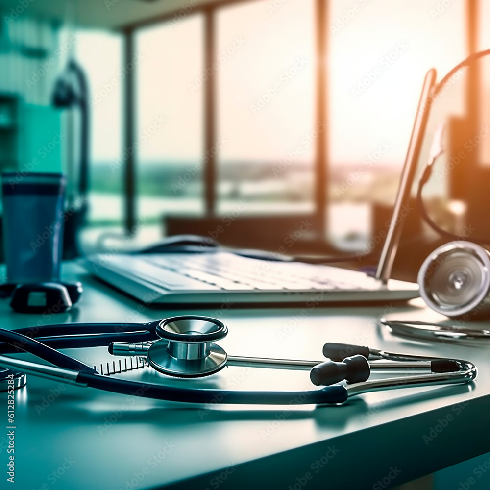 © Andrii Yablonskyi - a doctor's stethoscope on a table in a hospital room created with Generative Ai