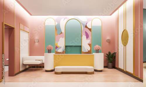 Generative AI image of interior design of reception counter with mirrors on floor while area with pink colored walls illuminated with lamps photo