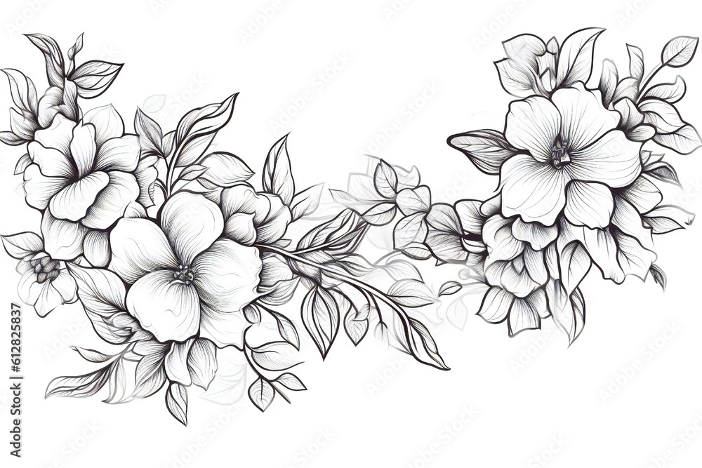 Fototapeta premium Thin line art empty floral border on white background Generative AI