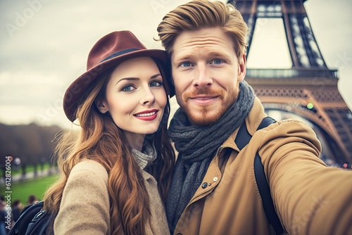 roamntic couple doing selfie on Paris street, ai generative photo
