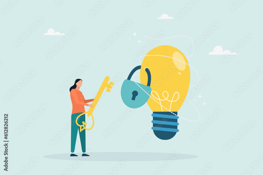 Unlock a new business idea, invent a new product or creativity concept, a girl holding a golden key is about to insert the key into an idea light bulb. Vector flat style illustration.
Unlock a new business idea, invent a new product or creativity concept, a girl holding a golden key is about to insert the key into an idea light bulb. Vector flat style illustration.
