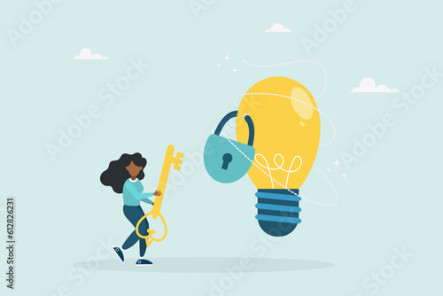 Unlock a new business idea, invent a new product or creativity concept, a girl holding a golden key is about to insert the key into an idea light bulb. Vector flat style illustration.
