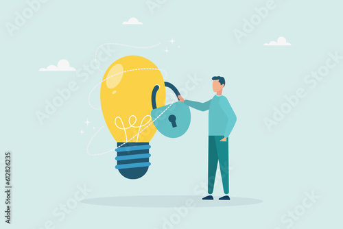 Intellectual property, patent protection, copyright reserved or product trademark. Owner standing with an idea of ​​a light bulb locked with a patent padlock. Vector illustration.

