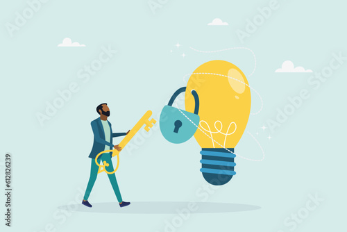 Unlock a new business idea, invent a new product or creativity concept, a guy holding a golden key is about to put the key into an idea light bulb. Vector flat style illustration.
