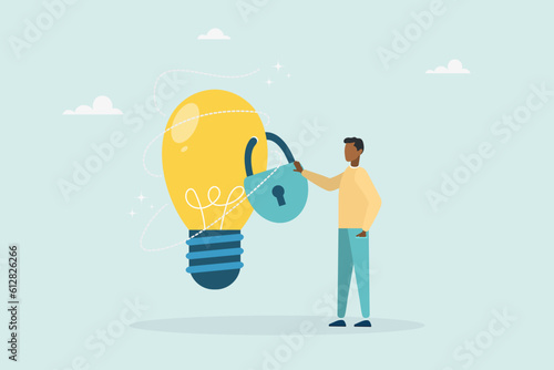 Intellectual property, patent protection, copyright reserved or product trademark. Owner standing with an idea of ​​a light bulb locked with a patent padlock. Vector illustration.
