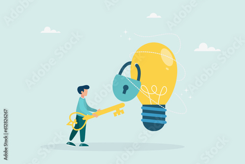 Unlock a new business idea, invent a new product or creativity concept, a guy holding a golden key is about to put the key into an idea light bulb. Vector flat style illustration. 