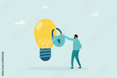 Intellectual property, patent protection, copyright reserved or product trademark. Owner standing with an idea of ​​a light bulb locked with a patent padlock. Vector illustration.
