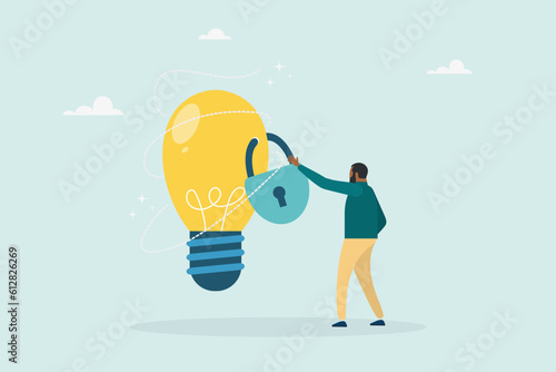 Intellectual property, patent protection, copyright reserved or product trademark. Owner standing with an idea of ​​a light bulb locked with a patent padlock. Vector illustration.
 photo