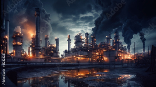 夜の石油精製場、石油化学産業GenerativeAI