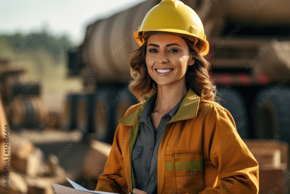 Photo of woman working in a workspace, helmet, smiling and holding a notebook. Generative AI Photo of woman working in a workspace, helmet, smiling and holding a notebook. Generative AI