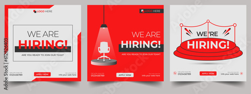 We are hiring job vacancy social media post banner design template with red color. We are hiring job vacancy square web banner design. Employee vacancy announcement. Illustration isolated