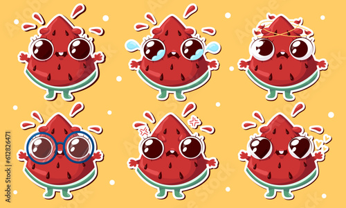 Vector illustration of watermelon.character stickers with various cute expression,cool,funny,set of watermelon isolated