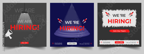 We are hiring job vacancy social media post banner design template with red color. We are hiring job vacancy square web banner design. Employee vacancy announcement. Illustration isolated