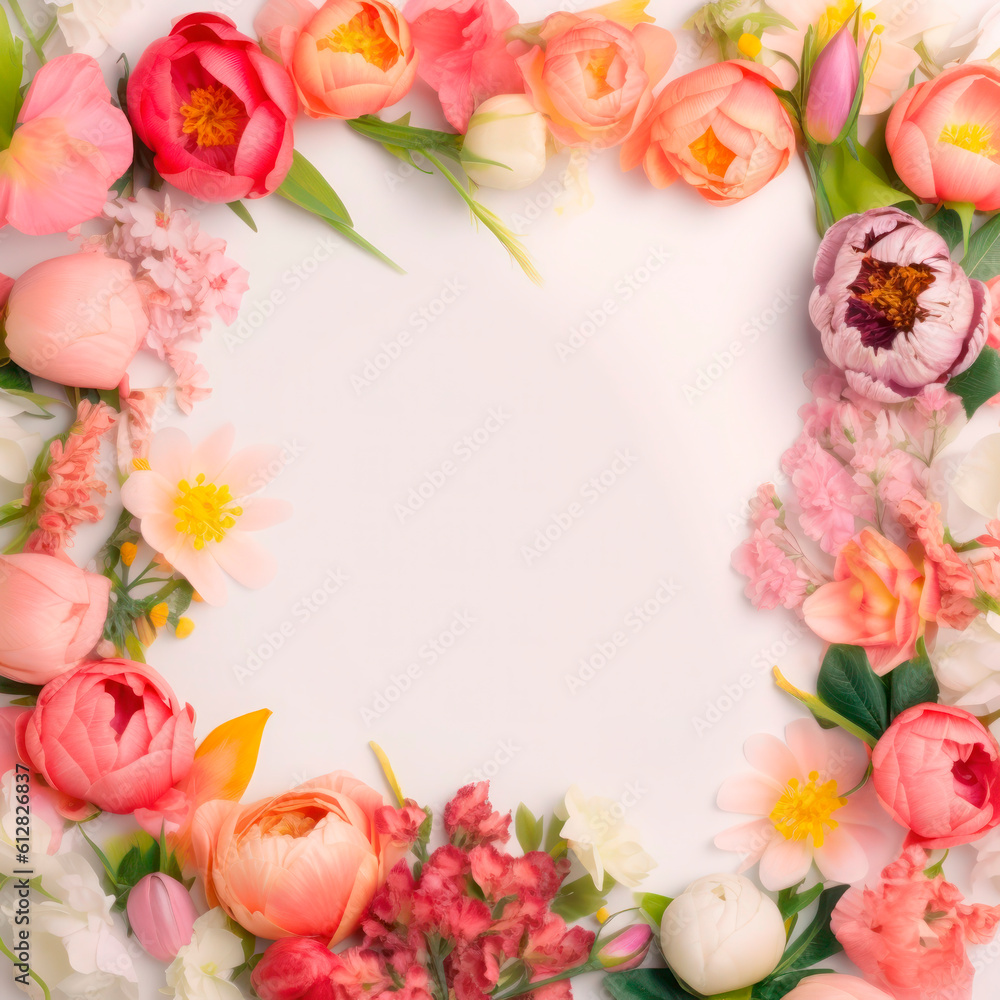 Photo frame of flowers. Wedding concept with flowers. For the design of greeting cards or invitations. Generative AI. Photo frame of flowers. Wedding concept with flowers. For the design of greeting cards or invitations. Generative AI.