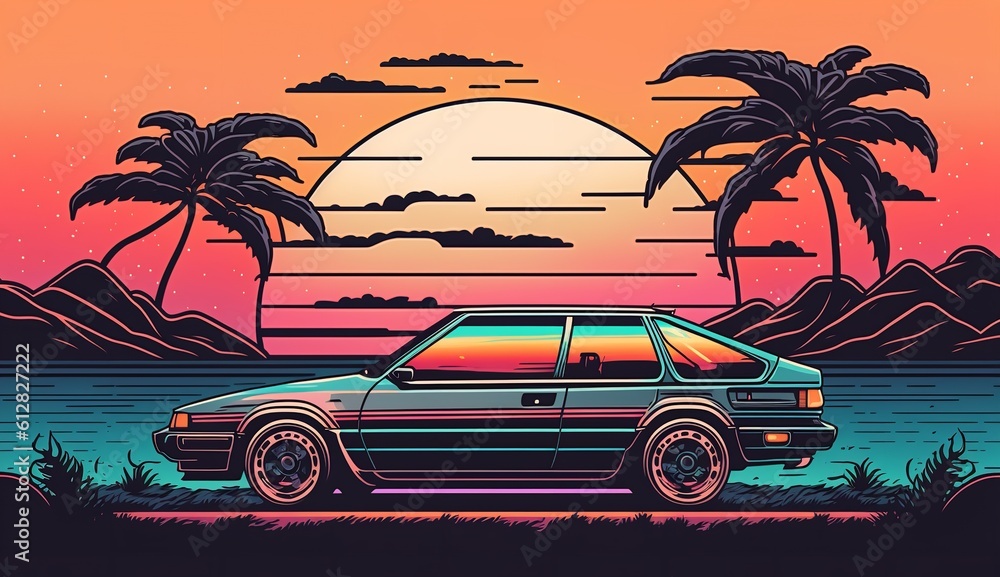 Illustration shows a car heading towards the sunset in a summery 80s style. Generative AI.