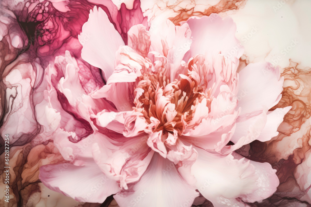 Liquid art alcohol inc drawing of a blooming pink peony. Beautiful abstract floral background. Blossom flower colorful background for wallpaper, posters or product packaging. Generative AI