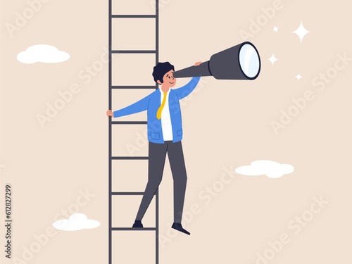 Career opportunity, business success vision or searching for new job, leadership visionary, looking for goal, future or business discovery concept, business climb up ladder looking on telescope.