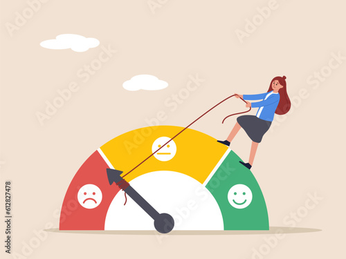 Quality control or improvement concept. Performance rating or customer feedback, credit score or satisfaction measurement, strong businesswoman pull the string to make rating gauge to be excellent.