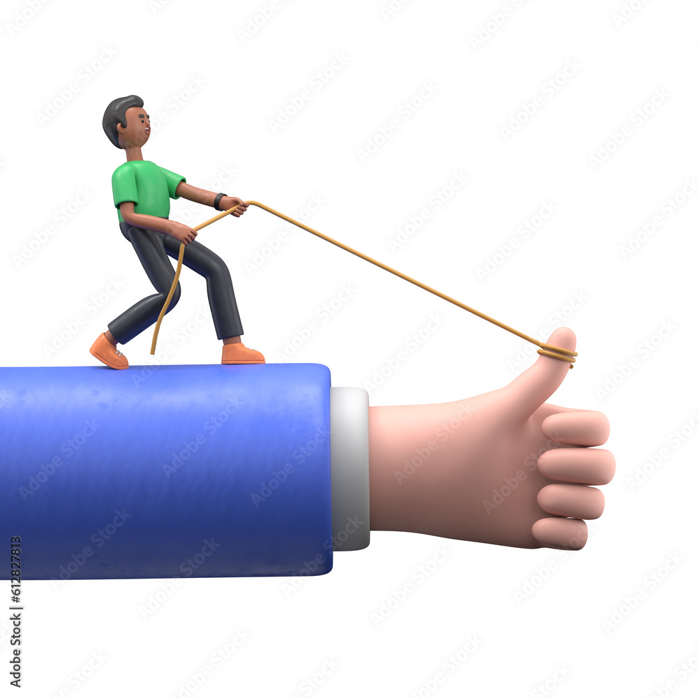 3D illustration of smiling afro man David Pull the rope to raise the thumb up. Hard work for good feedback.3D rendering on white background.
