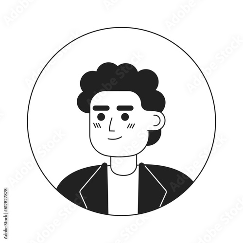 Male curly brunette employee monochrome flat linear character head. Office worker man portrait. Editable outline hand drawn human face icon. 2D cartoon spot vector avatar illustration for animation