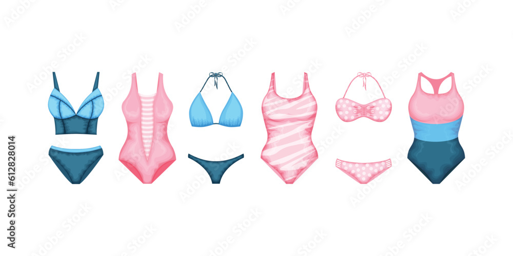 A set of swimsuits. A separate swimsuit and a one-piece swimsuit in pink, blue and blue colors. Collection of colored swimsuits. Clothes for a beach holiday. Women s clothing. Vector illustration. A set of swimsuits. A separate swimsuit and a one-piece swimsuit in pink, blue and blue colors. Collection of colored swimsuits. Clothes for a beach holiday. Women s clothing. Vector illustration.