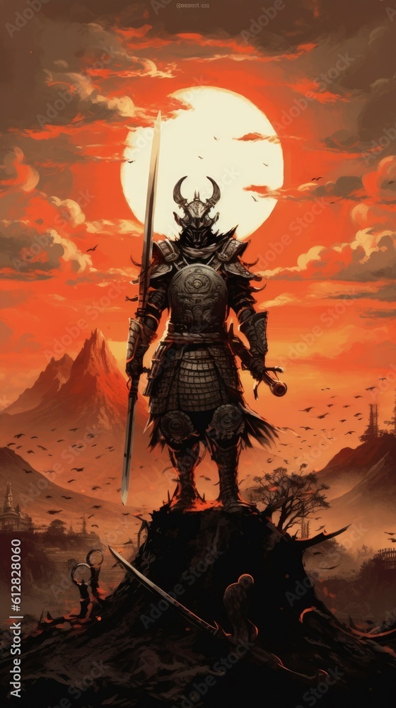 Japanese samurai with sword standing on top of a hill at sunset, Digital Painting