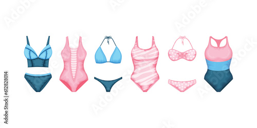 A set of swimsuits. A separate swimsuit and a one-piece swimsuit in pink, blue and blue colors. Collection of colored swimsuits. Clothes for a beach holiday. Women s clothing. Vector illustration.