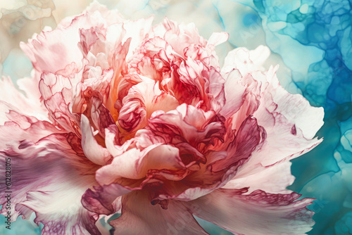Close-up blooming delicate peony flower as floral colorful background. Bright botanical background for wallpaper, poster, product packaging, wedding invitation or presentations. Generative AI