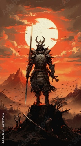 Japanese samurai with sword standing on top of a hill at sunset, Digital Painting