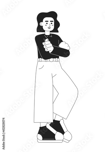 Arms crossed young adult woman monochromatic flat vector character. Confident female worker. Editable thin line full body person on white. Simple bw cartoon spot image for web graphic design