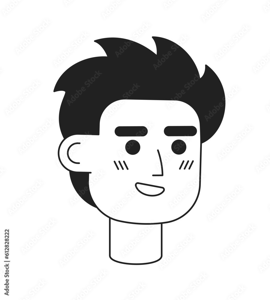 Brunette young adult man with messy hair monochrome flat linear character head. Surfer male. Editable outline hand drawn human face icon. 2D cartoon spot vector avatar illustration for animation
