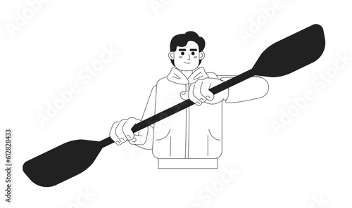 Young man rowing with kayak paddle monochromatic flat vector character. Male kayaker paddling. Editable thin line half body person on white. Simple bw cartoon spot image for web graphic design