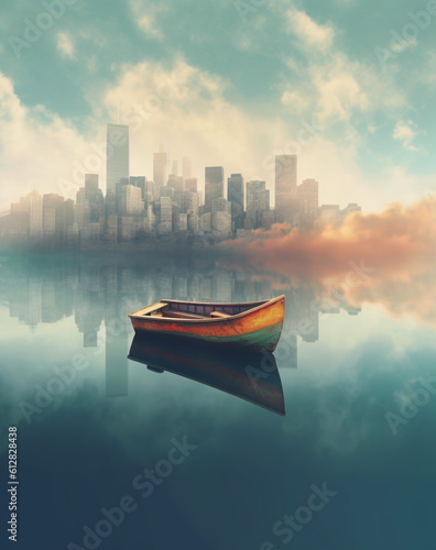 The AI-Generated illustration of a tranquil scene unfolds as a boat peacefully rests on the water, with the cityscape gently nestled in the background Solitude and reflection.