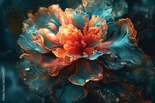 Splash of colored ink in water in shape of peony. Mixing paints in water. Abstract colorful gradient floral blossom background for wallpaper, poster, product packaging or presentations. Generative AI