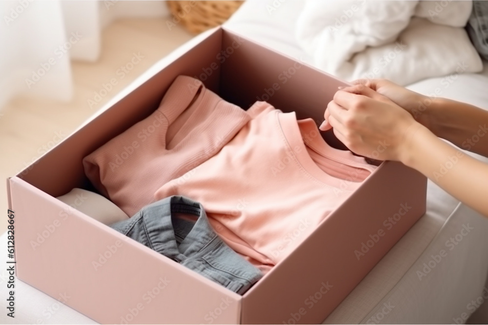 Clothes Donation Concept. Box of Cloth. Woman Preparing Used Old Garment at Home. AI Generative Clothes Donation Concept. Box of Cloth. Woman Preparing Used Old Garment at Home. AI Generative