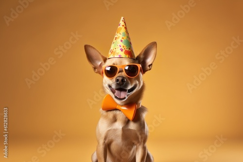 Portrait of a cute dog wearing a party hat, sunglasses, and bow created with Generative AI technology