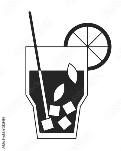 Cocktail summer drink flat monochrome isolated vector object. Summertime refreshment. Mint mojito. Editable black and white line art drawing. Simple outline spot illustration for web graphic design