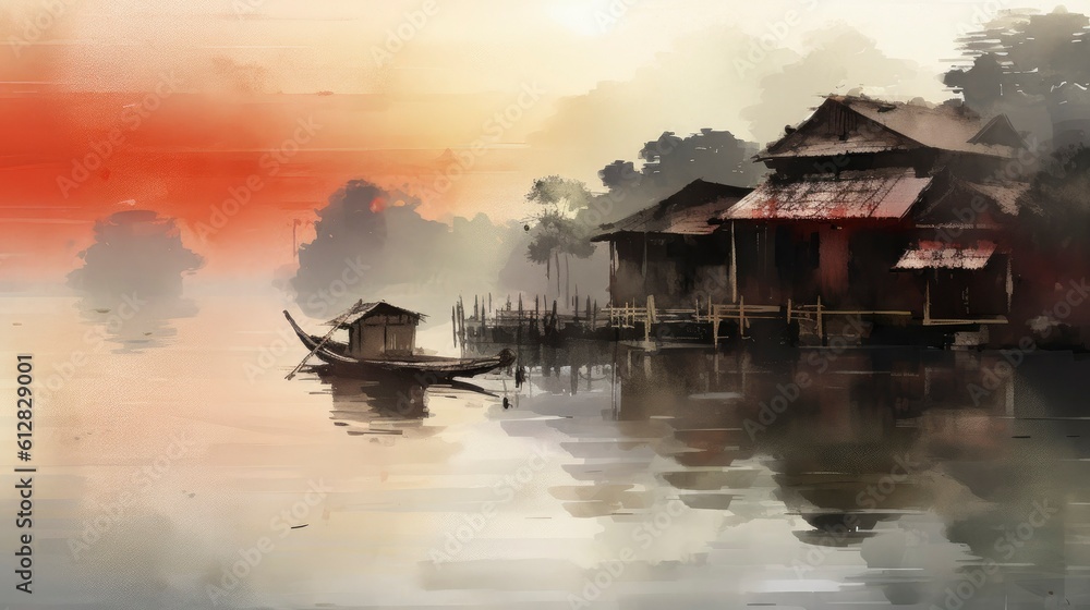 Fototapeta premium Chinese style artistic conception ink landscape illustration book