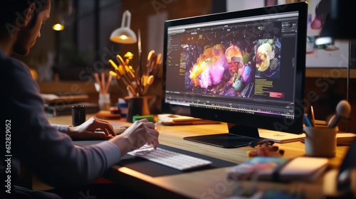Graphic designer work on computer laptop and with graphic drawing pen. Generative AI