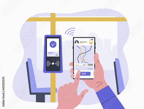 Concept illustration of cashless payment for tickets in public transport using a smartphone. Vector illustration.