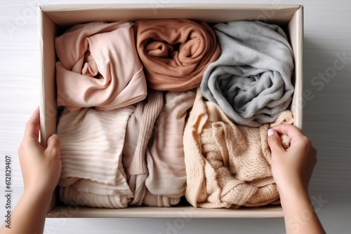 Clothes Donation Concept. Box of Cloth. Woman Preparing Used Old Garment at Home. AI Generative
