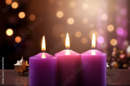 Purple candles in a church in a blurry background.Image ai generate Image ai generate