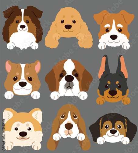 Set of flat colored cute and simple dog heads with front paws