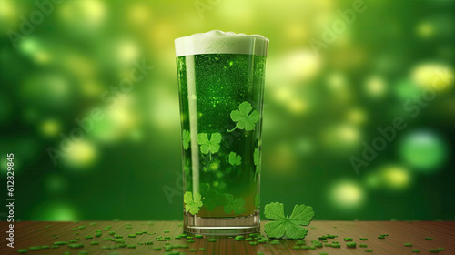 A glass of green st patrick's day beer on a tabletop against a green background.