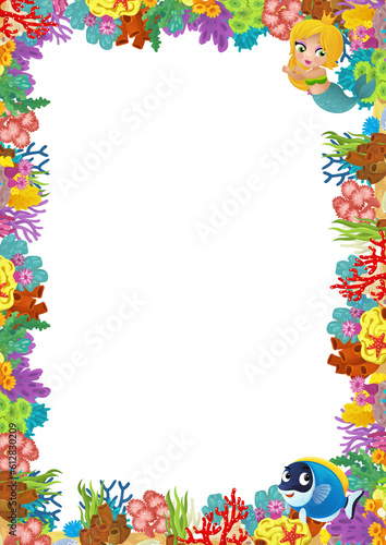 cartoon scene with coral reef and happy fishes swimming near mermaid princess isolated illustration for children