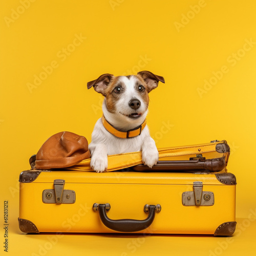 Traveling dog next to a travel suitcase. Generative AI.