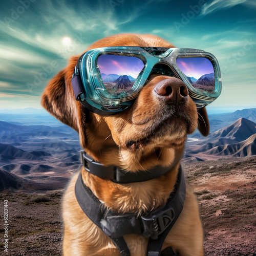 Dog with virtual reality glasses in a futuristic landscape. Generative AI.